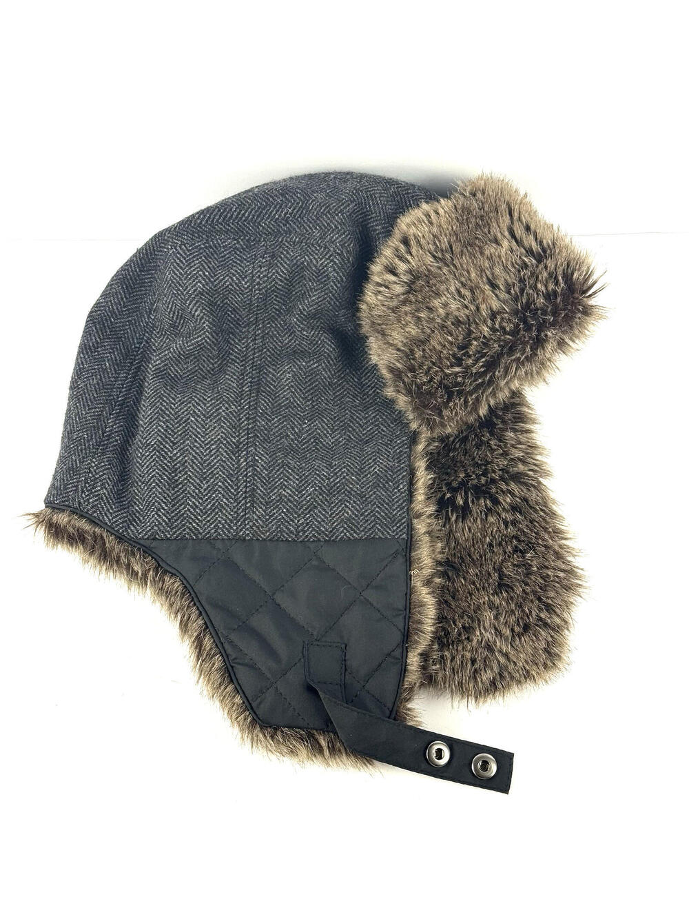 Banana Republic Wool BLend Herringbone Trapper Hat Faux Fur Lined Aviator S/M